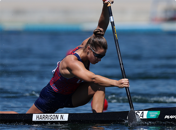 Canoer Nevin Harrison mid-race at the Tokyo 2020 Olympic Games.