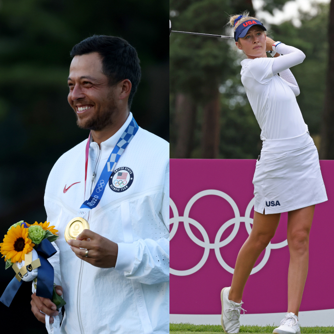 Xander Schauffele celebrates after winning at the Tokyo 2020 Olympic Games. Nelly Korda during a practice round ahead of the Tokyo Olympic Games.