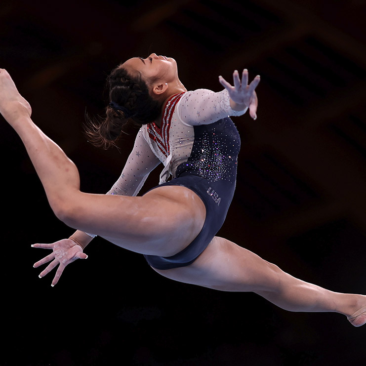 Sunisa Lee competes in the balance beam event of the artistic gymnastics women's all-around final during the Tokyo 2020 Olympic Games.