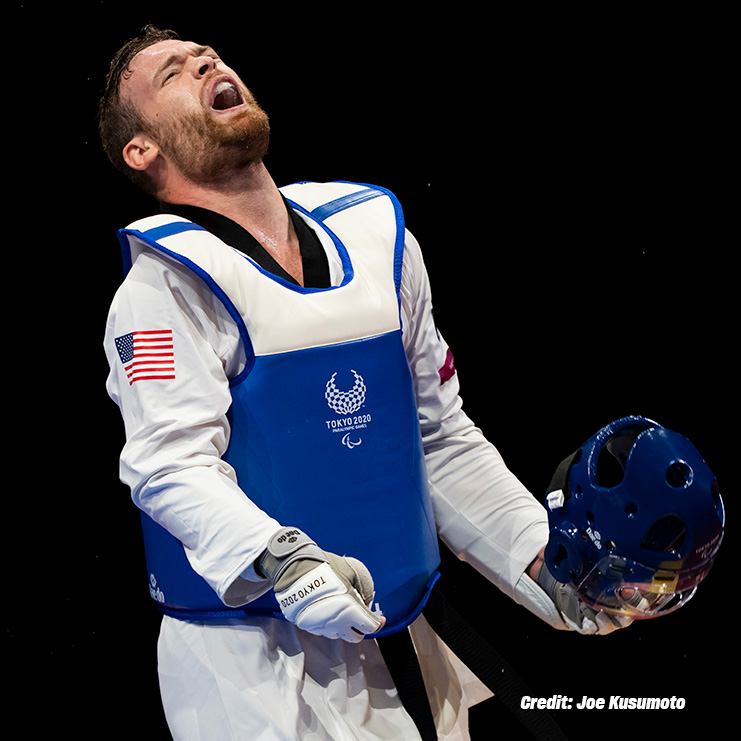Evan Medell celebrates winning bronze in Para Taekwondo at the Tokyo 2020 Paralympic Games.