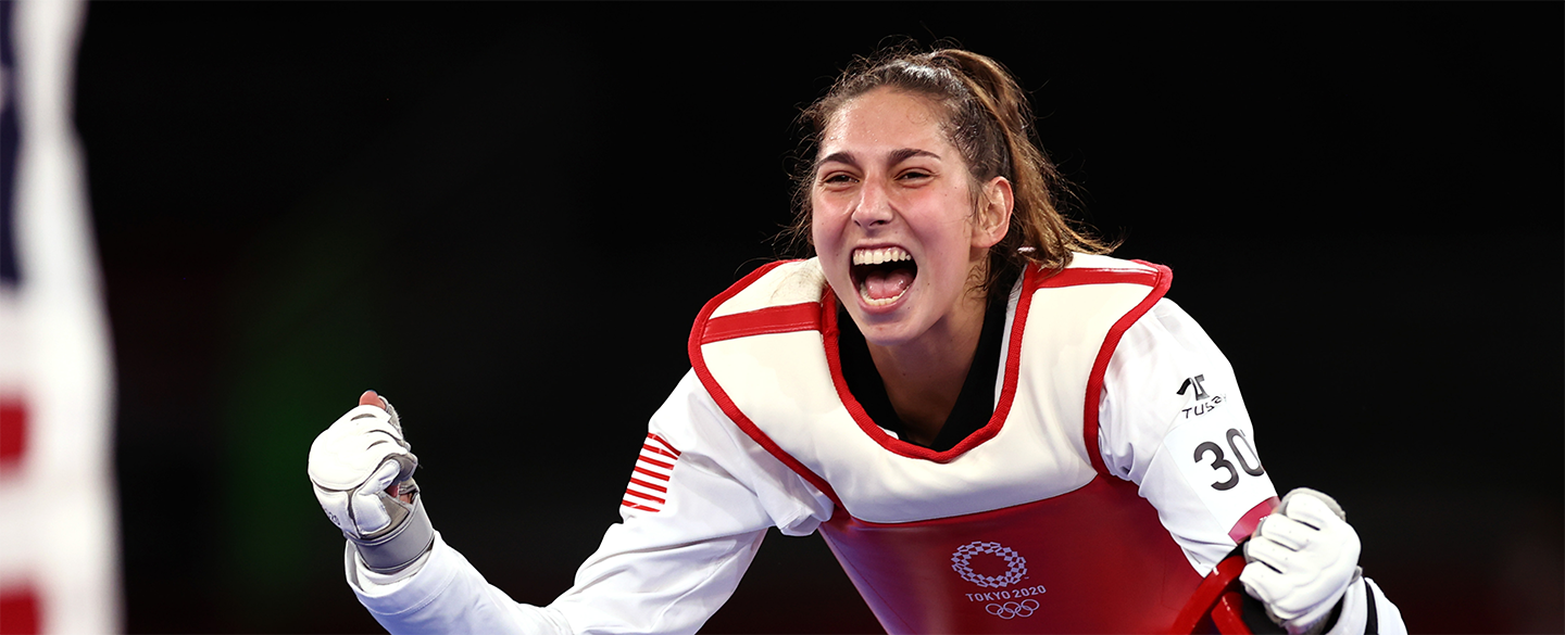 Anastasija Zolotic of Team USA celebrates during the Women's -57kg Taekwondo Gold Medal contest at the Tokyo 2020 Olympic Games.