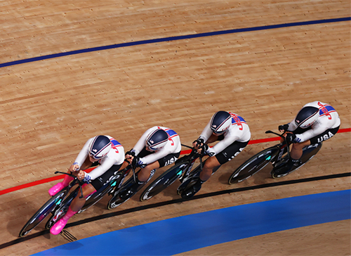 Chloe Dygert, Megan Jastrab, Jennifer Valente, Emma White of Team USA sprint during the Women's team pursuit finals, bronze medal of the Track Cycling at the Tokyo 2020 Olympic Games.