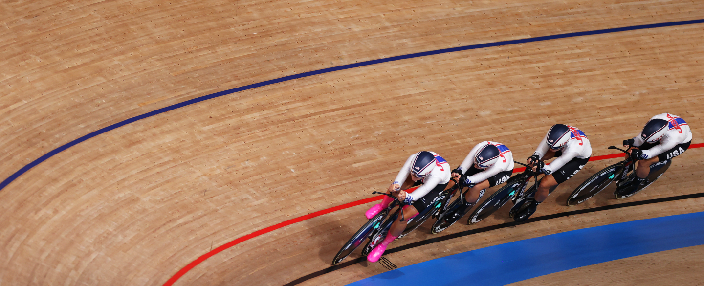 Chloe Dygert, Megan Jastrab, Jennifer Valente, Emma White of Team USA sprint during the Women's team pursuit finals, bronze medal of the Track Cycling at the Tokyo 2020 Olympic Games.