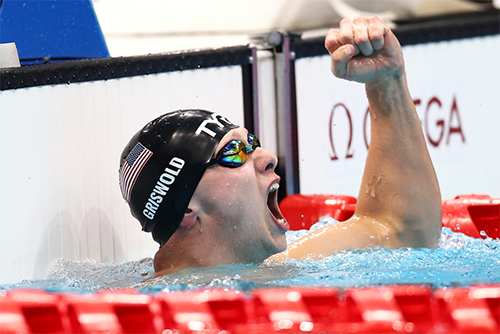 Robert Griswold reacts after winning a gold medal and setting a world record during the men's 100m backstroke - S8 final at the Tokyo 2020 Paralympic Games.